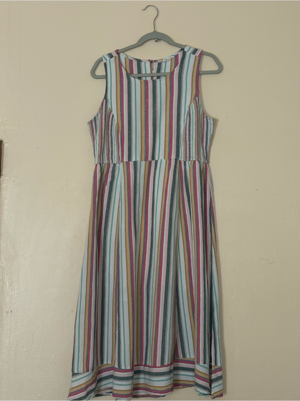 Fat Face Striped Sleeveless Midi Dress in Teal, Pink, Mustard and White